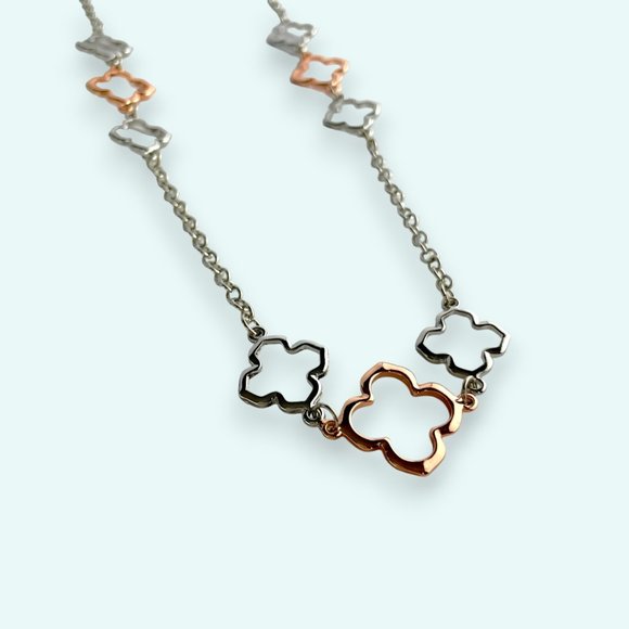 Necklace & Earring Set, Silver-Copper Tone, Quatrefoil Design, 30"- 33" - Picture 2 of 9